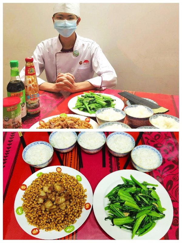 李锦记粤菜师傅班赵星俊精心制作的黄金扒肉和炒青菜