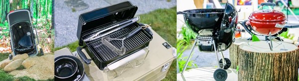 左 1：未市售便携式燃气烤炉预告；左 2：ISPO X 天猫优选提名 - 便携式碳烤炉 Go-Anywhere；左 3：明星款“苹果炉”-Original Kettle；左 4：便携式烤炉-Smokey Joe